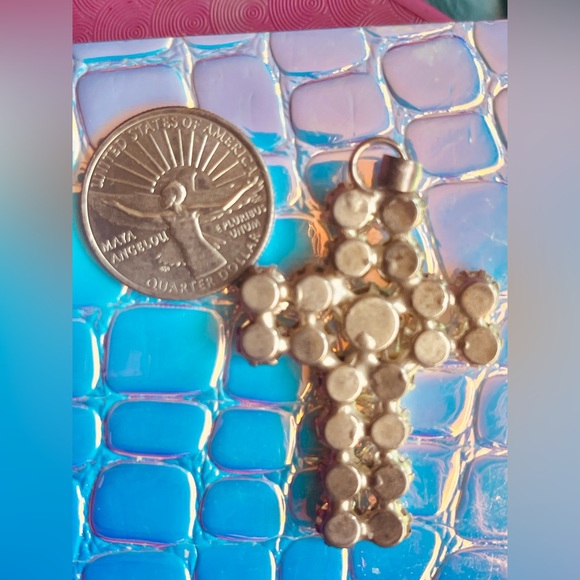 Crystal cross necklace aurora borealis sparkly vintage 1.5" high one-of-a-kind - Picture 5 of 7